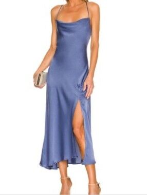 Astr Satin Slip Midi Dress in Blue with Side Slit